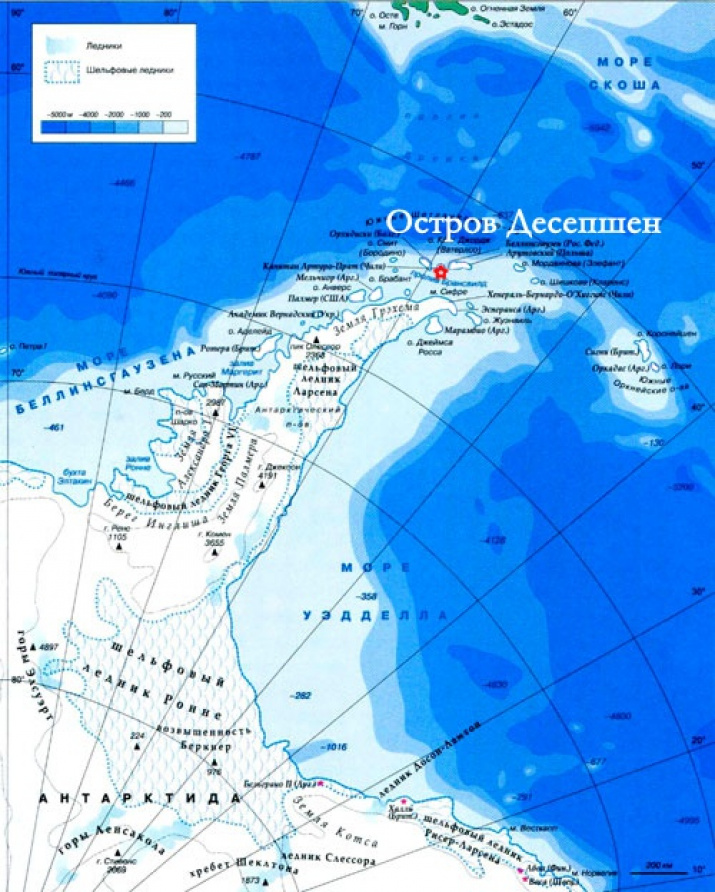 Deception Island is marked on the map with a red dot