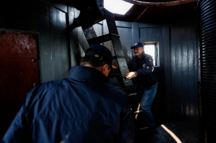 The President of the Russian Geographical Society Sergey Shoygu is inspecting the lighthouse on the Big Tyuters Island. Photo by Vadim Grishankin