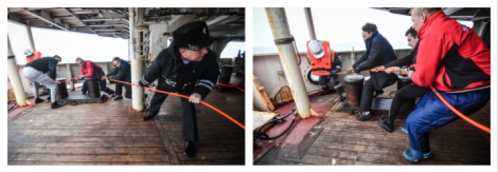 Fig.16. Hoisting the fish of the marine proton magnetometer by the oceanographic research vessel “Admiral Vladimirsky” crew, including the head of the expedition, Captain 1st Rank Osipov O.D. 