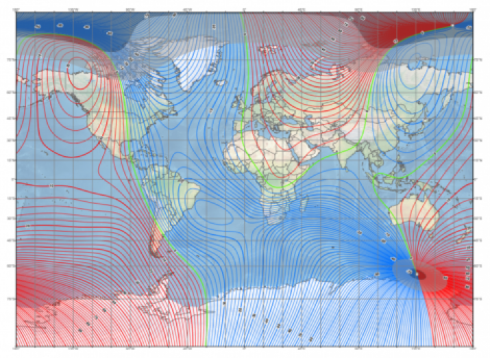 Fig. 6. The magnetic declination map of the model of the EMF WMM 2020. (Https://www.ngdc.noaa.gov/geomag/WMM/)