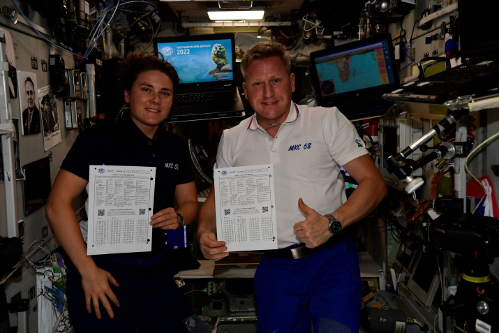 Космонавты Анна Кикина и Сергей Прокопьев довольны тем, как ответили на вопросы Геодиктанта. Фото: Роскосмос