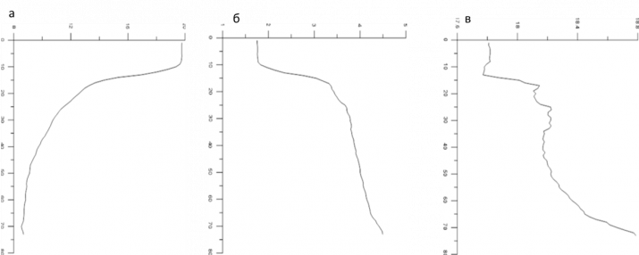Рис. 1.1 Вертикальные профили температуры (а), плотность (б), соленость (в) на станции №10.