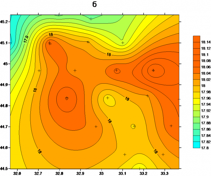  Р и с. 1.4.  Распределение температуры - (а), солености - (б) и pH - (в) на поверхности моря 7 – 10 июня 2016 г. Крестиками отмечено положение станций и указано местное время их выполнения.   