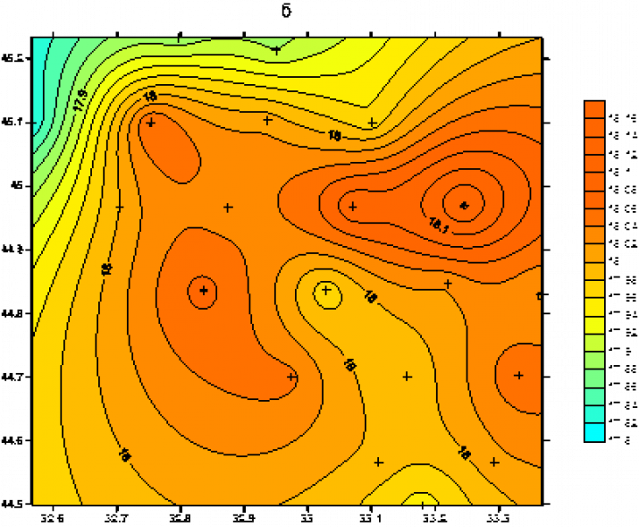Р и с. 1.5 Распределение температуры - (а), солености - (б) и  pH- (в) на горизонте 5м на полигоне в июне 2016 г.
