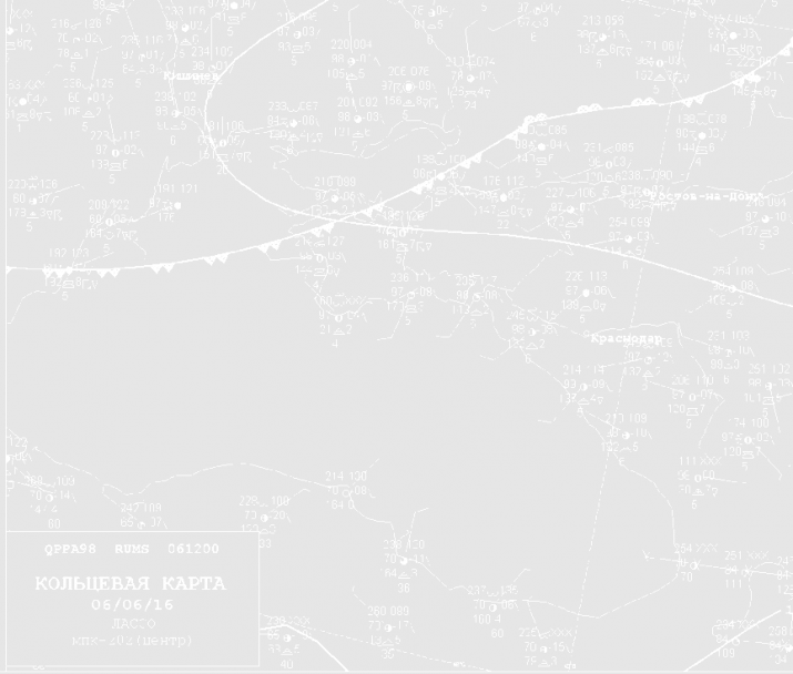 Рис. 3. Кольцевая карта, характеризующая гидрометеорологические условия в Черноморском регионе перед началом работ на полигоне (06 июня 2016 г. в 12-00 по Гринвичу).