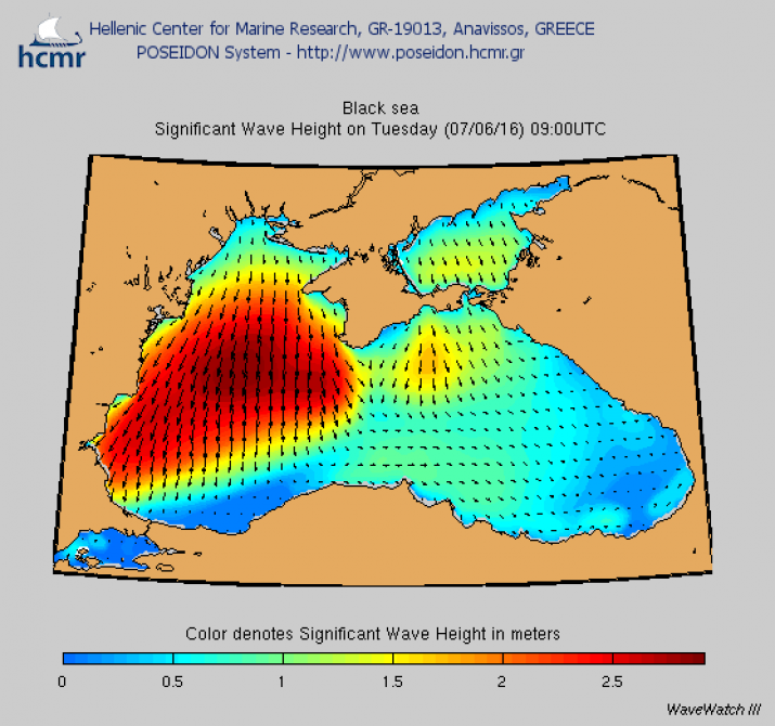 Рис. 6 Карта значимых значений высоты волн в период исследований (http://poseidon.hcmr.gr/)