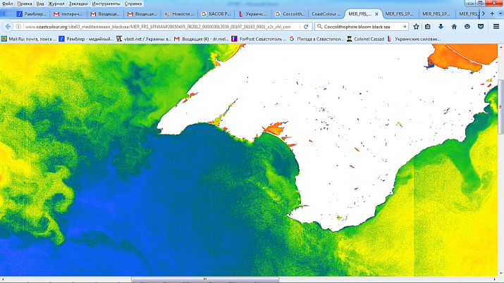 Рис. 7. Распределение хлорофилла-а (mg m-3) в исследуемом районе 08.06.2016 (http://www.coastcolour.org/site03_mediterranean_blacksea/MER_FRS_1PNMAP20050405_082012_000003012036_00107_16193_0001_c2r_chl_conc.jpg)