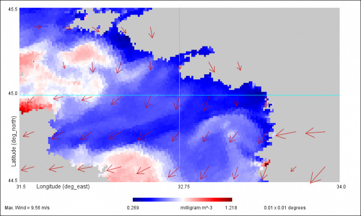 Рис. 8 Распределение хлорофилла a по данным дистанционного спутникового зондирования (09.06.2016): красным цветом ÷ концентрации хлорофилла а (mg m -3), стрелками показано направление ветра