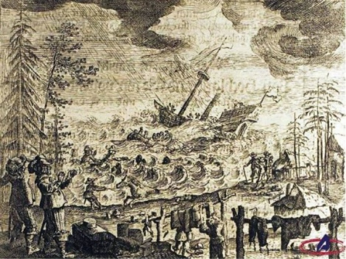 Engraving on the crash of Adam Olearius' ship 