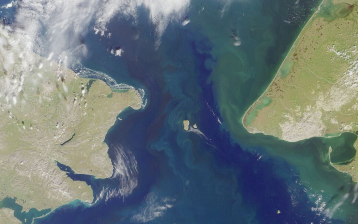 Вид на Берингов пролив со спутника. Слева - мыс Дежнёва. Фото с сайта wikipedia.org
