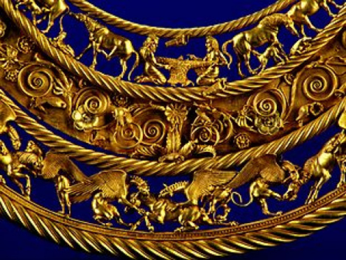 An element of a gold necklace (pectoral) from a Scythian burial near the town of Pokrov in Ukraine, IV c. BC