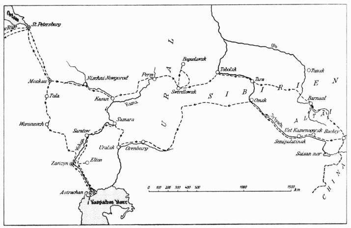 Карта пребывания А. Гумбольдта в России. Источник: wikipedia.org