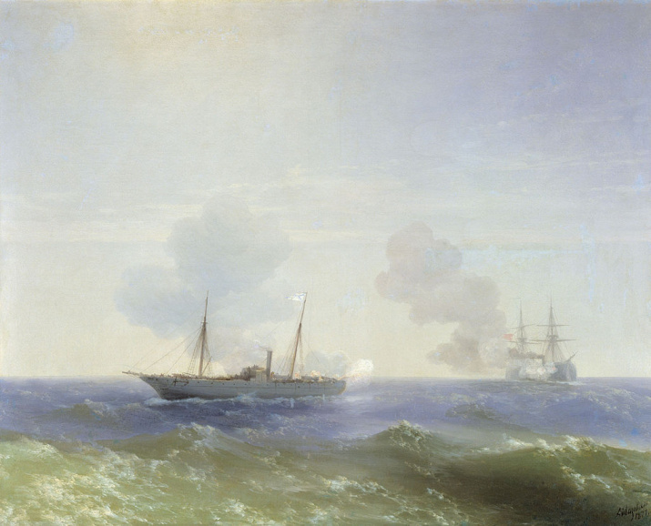 Бой парохода „Веста“ с турецким броненосцем „Фетхи-Буленд“ в Чёрном море 11 июля 1877 года. Иван Айвазовский