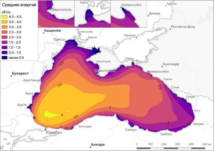 Карта волновой энергии Чёрного моря. Изображение предоставлено пресс-службой географического факультета МГУ им. М.В. Ломоносова