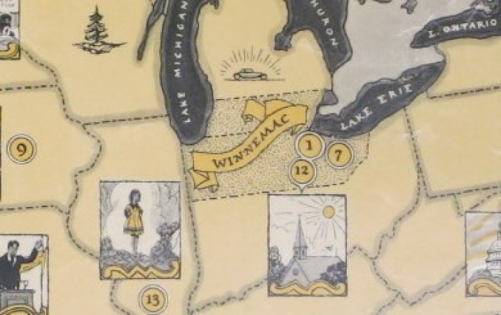 Фрагмент литературной карты «Литературная карта США Сиклера Льюиса». В его центре – воображаемый штат Уиннемак. Карл Ван Дорен. 1934