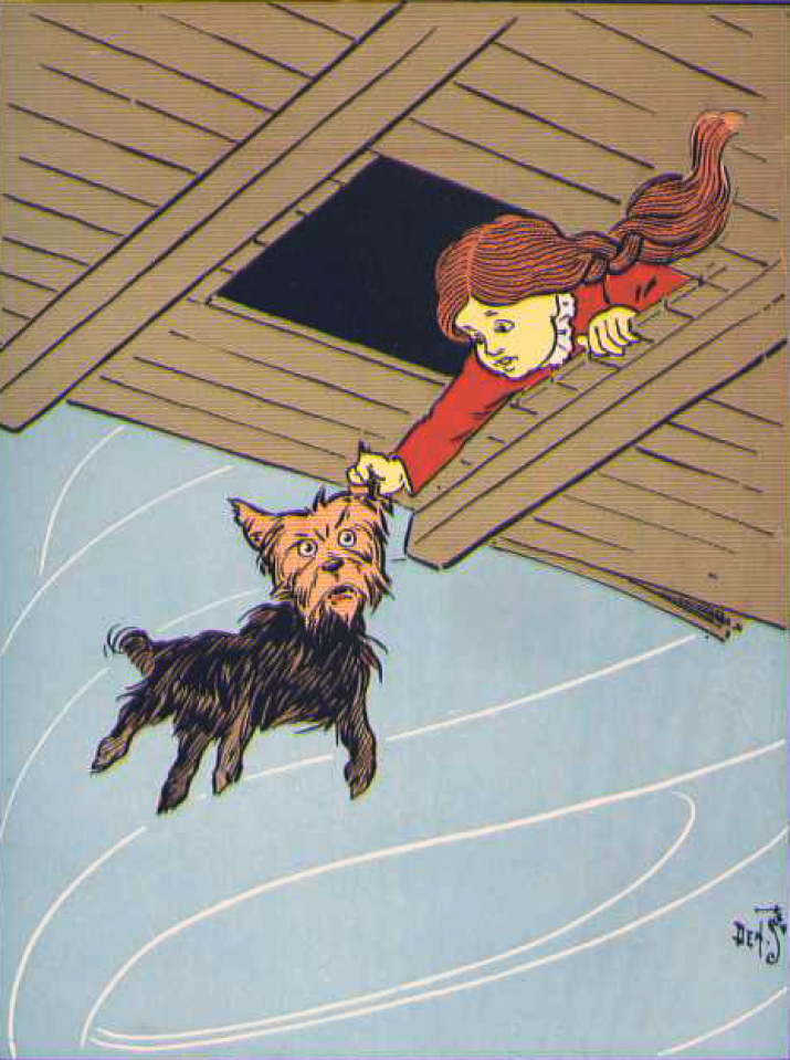 Иллюстрации из книги "The Wonderful Wizard of Oz": Дороти и Тото уносит ураган. Художник У. Денслоу. Изображение с сайта wikipedia.org