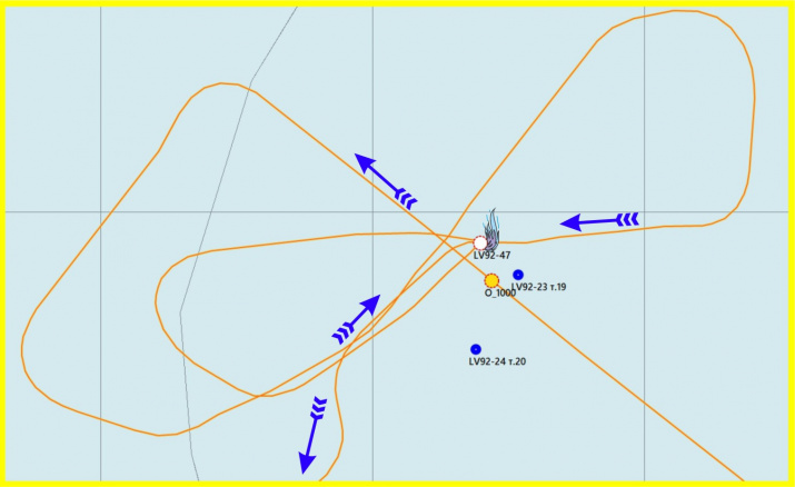 Поиск припарамуширского газового факела. О_1000 предполагаемое местоположение факела по результатам исследований 1994 года, LV92-23 и LV92-24 – местоположение факела по литературным источникам, LV92-47 – место обнаружения факела в нашей экспедиции