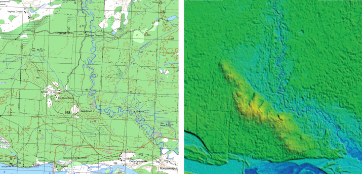 Фрагмент топокарты (масштаб 1:200 000) и цифровой модели рельефа (по данным SRTM) 