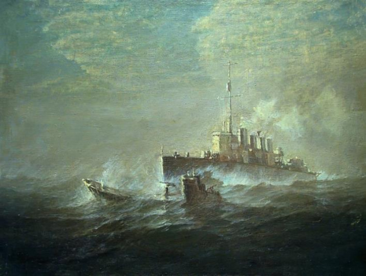 This is how the sinking of the submarine U-387 by the destroyer "Zhivuchiy" looked in the paintings of the Soviet marinists