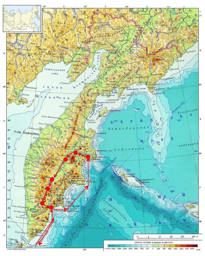 Маршрут перемещений В.К. Арсеньева по территории Камчатки в 1918 г.