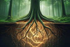 Схематичное изображение микоризной сети, соединяющей деревья. Фото сгенерировано искусственным интеллектом