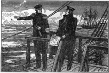 Engraving by L. Bykov. F. Bellingshausen and M. Lazarev off the coast of Antarctica
