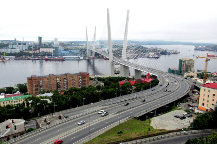 Вид на Золотой мост и бухту Золотой рог со смотровой площадки на Орлиной горе. Фото: Арсений Золотников