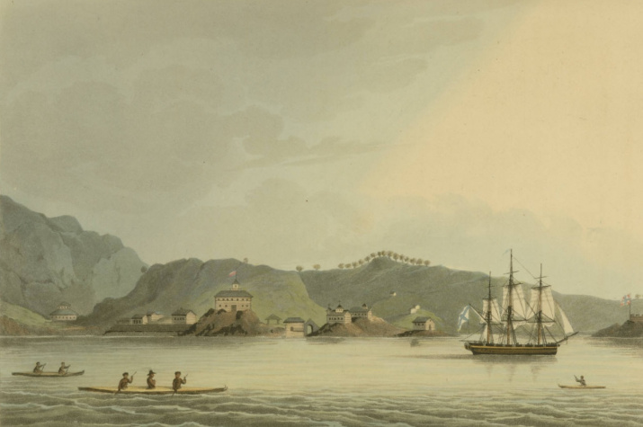 "Нева" в гавани Святого Павла. Гравюра по рисунку Ю.Ф. Лисянского