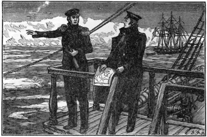 Engraving by L. Bykov. F. Bellingshausen and M. Lazarev off the coast of Antarctica