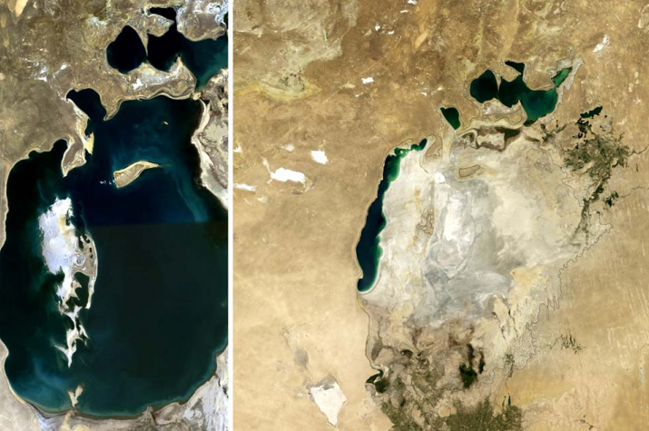 Аральское море: слева в 1989 г., справа в 2014 г. Источник: снимок NASA